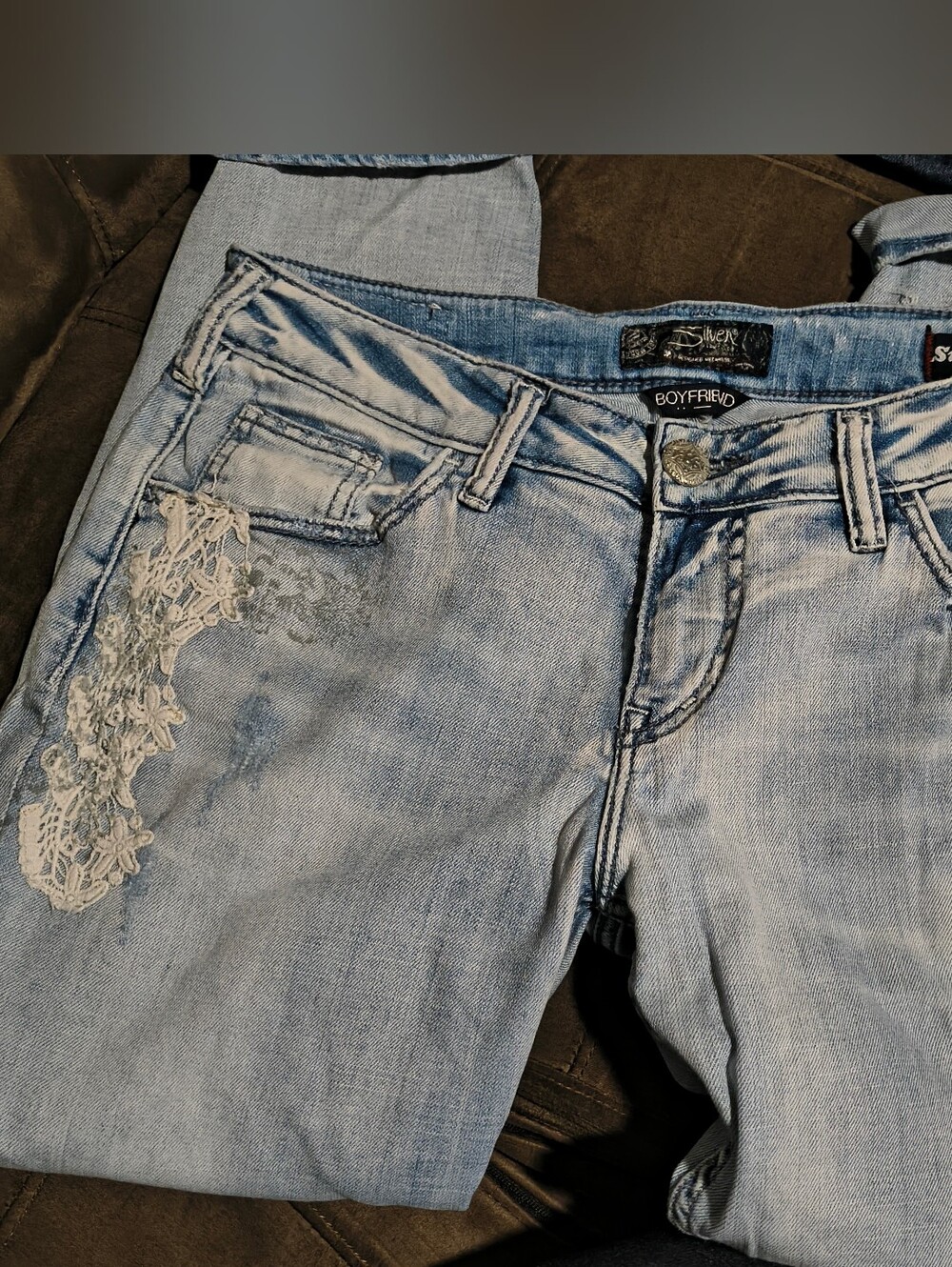 Silver Jeans Light Blue Boyfriend Jeans with Lace Accent